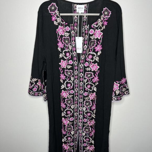 MISA LA x Anthropologie Dress Womens Medium Black Pink Embroidered Maxi Boho - Picture 4 of 16